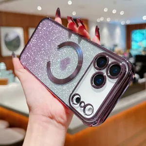 Gradient glitter magnetic phone case with heart pattern for iPhone, stylish protective cover