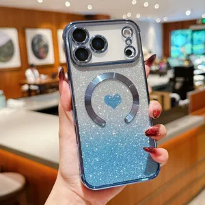 Gradient glitter magnetic phone case with heart design for iPhone, soft protective cover.