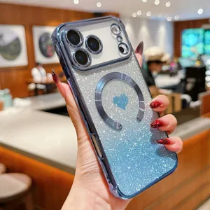 Luxury gradient glitter MagSafe phone case with cute heart design showing premium details.