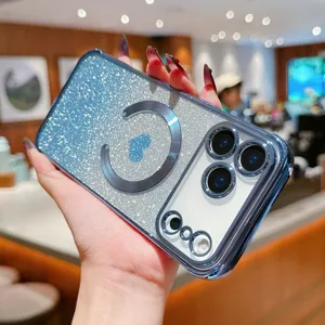 Glitter gradient magnetic phone case with cute heart design for iPhone, soft protective back cover.