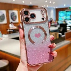 Details of the gradient glitter magnetic phone case with cute heart design for iPhone models.