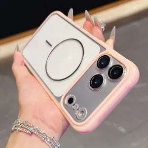 Roze tweekleurige acryl magnetische telefoonhoes met transparante achterkant en dunne ring