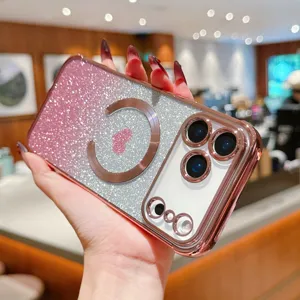 Gradient glitter magnetic phone case for iPhone, luxury pink silver electroplated cover design.