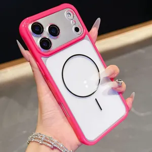 Roze MagSafe transparante acryl telefoonhoesje voor iPhone, stijlvolle valbestendige hoes.