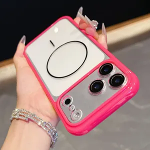 Transparante acryl magnetische telefoonhoes met roze bumper, valbestendige hoes.