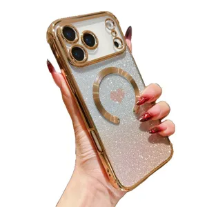 Magnetic glitter phone case with gradient heart design for iPhone, premium electroplated edge.