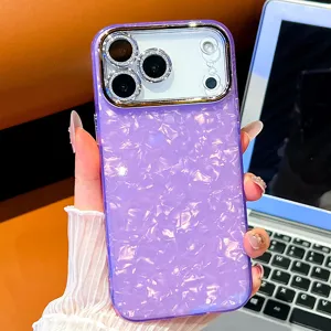 Purple shell texture phone case with electroplated frame and camera protection for iPhone.