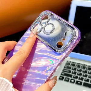 Wave pattern electroplated phone case detail, shiny purple iridescent finish with camera protection.