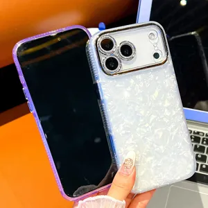 Pearl shell texture electroplated phone case with camera protection ring for iPhone models.