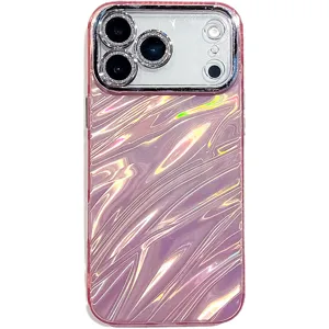 Pink holographic wave phone case with electroplated camera protection for iPhone main display view