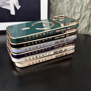 Luxury electroplated magnetic phone case with heart patterns, compatible with iPhone models.