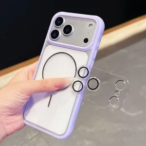 Transparante acryl beschermhoes met magnetische ring en camerabeschermer voor iPhone.