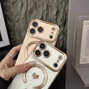 Detailed view of the electroplated magnetic phone case with heart design, premium protection.
