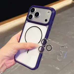 Transparante acryl telefoonhoes met MagSafe ring en camerabescherming tegen vallen.