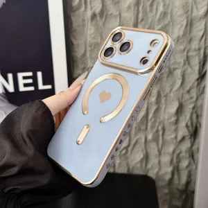 MagSafe Electroplated Phone Case for iPhone, Light Blue Cover with Gold Magnetic Ring