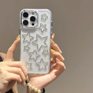 Clear rhinestone star phone case detail showcasing sparkling crystal details and pearl strap.