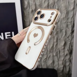 White electroplated magnetic phone case detail with cute heart pattern and metallic ring.