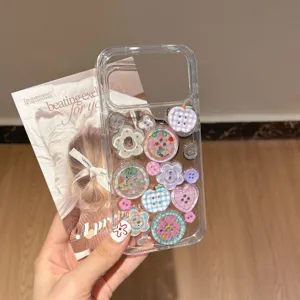 Clear transparent phone case with cute 3D buttons and floral charms for iPhone 14 15 16 Pro
