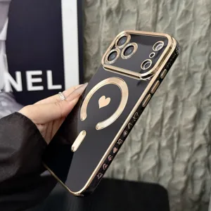 Magnetic electroplated heart phone case for iPhone 16 17 Pro Max luxury black gold protective cover