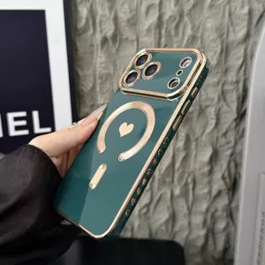 Dark green electroplated magnetic phone case with gold heart ring, premium protective back cover.