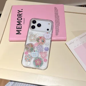 Clear transparent phone case with cute resin buttons, flowers and hearts for iPhone 14 15 16.