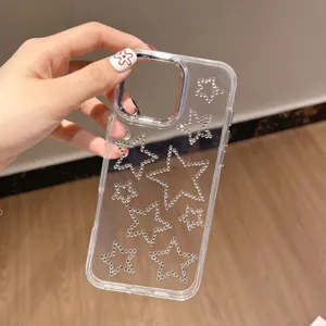 Detailed view of the clear rhinestone star phone case, showcasing sparkling crystal star details.