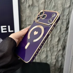 Luxury purple electroplated magnetic phone case with cute heart design and camera protection.