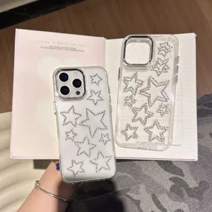 Clear soft phone case with sparkling diamond stars, compatible with iPhone models.