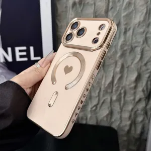 Luxury electroplated magnetic phone case with heart pattern for iPhone, stylish protective cover.