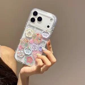 Clear floral heart charm phone case compatible with iPhone, cute sparkling transparent protective cover.
