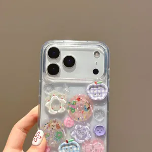 Clear floral button phone case detail view, compatible with Apple iPhone models perfectly.