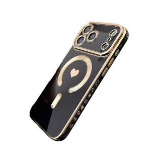 Black and gold magnetic electroplated phone case with heart design for iPhone models.