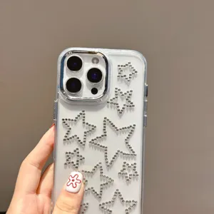 Close-up detail of clear phone case sparkling rhinestones star pattern design elegant shiny style.
