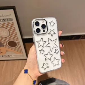 Transparent soft phone case featuring sparkling rhinestone pentagram star patterns for iPhone models.