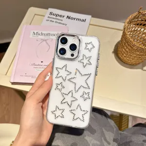 Transparent phone case with sparkling rhinestone stars, elegant design for iPhone protective cover.