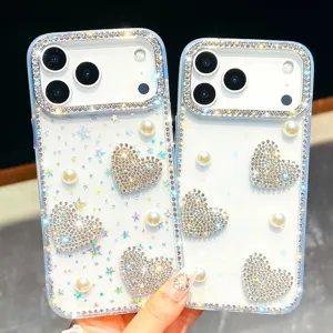 Funda de Lujo IMD Brillante Diamante de Imitación Corazón Para iPhone 17 16 15 14 13 Pro Max Perla Artificial Femenina TPU Funda