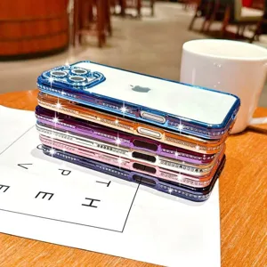 Luxury rhinestone electroplated phone case with sparkling crystal lens protection and glossy finish.