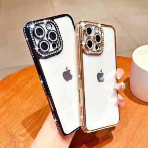 Luxury rhinestone electroplated clear phone case with lens protector for iPhone pro series models