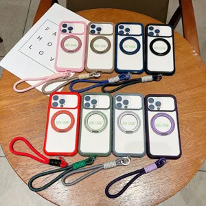 Colorful magnetic phone case with 360 rotating stand and anti-drop lanyard for iPhone models.