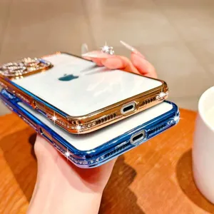 Detail shot of luxury rhinestone electroplated phone case for iPhone, sparkly diamond design.