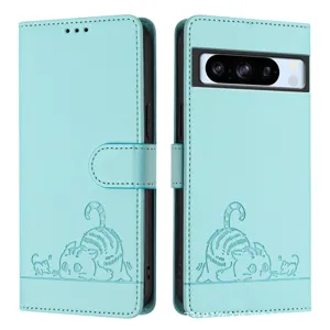 Schattige Cartoon Kat Geprägt PU Leder Flip Portemonnee Telefoonhoesje Met Lanyard RFID Blokkering Kaartsleuven Standaard Beschermhoes Voor Google Pixel