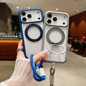 Magnetic ring stand phone case with lanyard for iPhone, durable drop-proof protective cover.