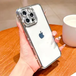Detailed view of luxury rhinestone electroplated phone case, sparkling camera lens protection.