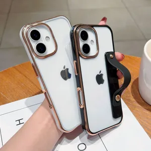 Detailed showcase of electroplated dual-color acrylic phone case featuring convenient wrist strap.