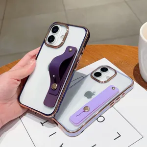 Transparent electroplated acrylic phone case with convenient wrist strap for iPhone.