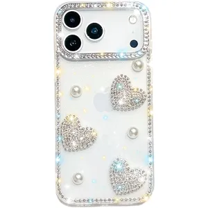 Funda de teléfono transparente pedrería perla compatible iPhone, diseño corazón brillante.