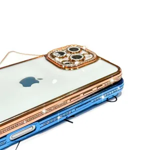 Rhinestone electroplated phone case with integrated lens protector for iPhone luxury bling cover.