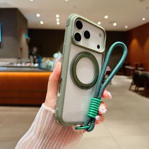 Detail view of green transparent phone case featuring magnetic ring bracket and woven hand strap.