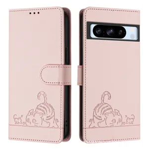 Roze lederen flip wallet telefoonhoesje geschikt voor Google Pixel 8 Pro schattige kat