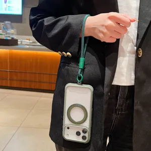 Green lanyard phone case detail view, compatible with iPhone, magnetic ring stand design.